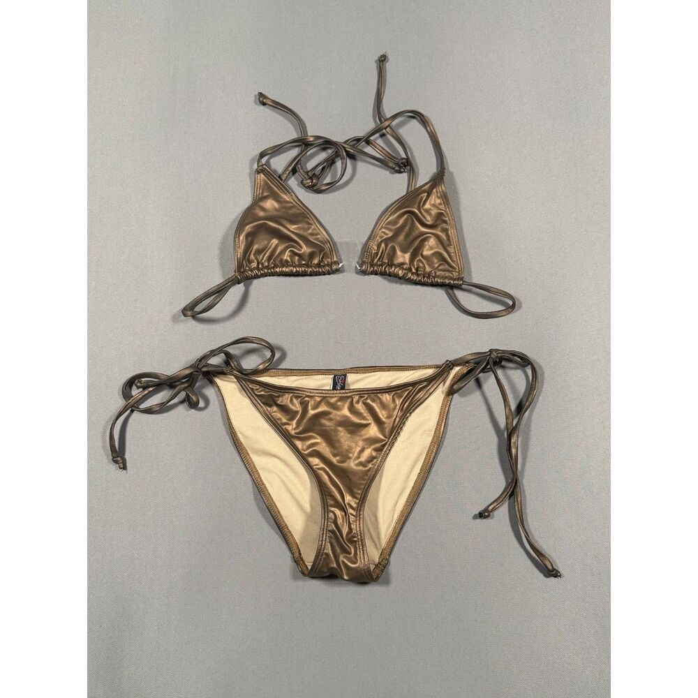 Forplay Metallic Bronze Bikini Set M Bottoms Used Triangle Top Side Tie